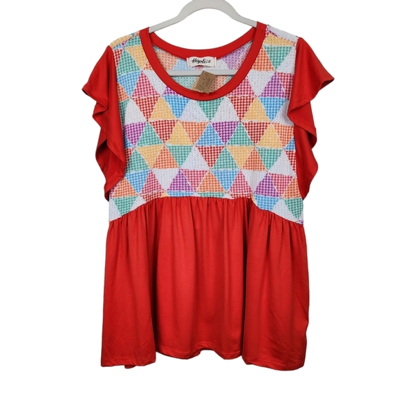 Haptics by Holly Harper NWT Triangle Maze Peplum Knit Ruffle Top Women's Large - Picture 1 of 11